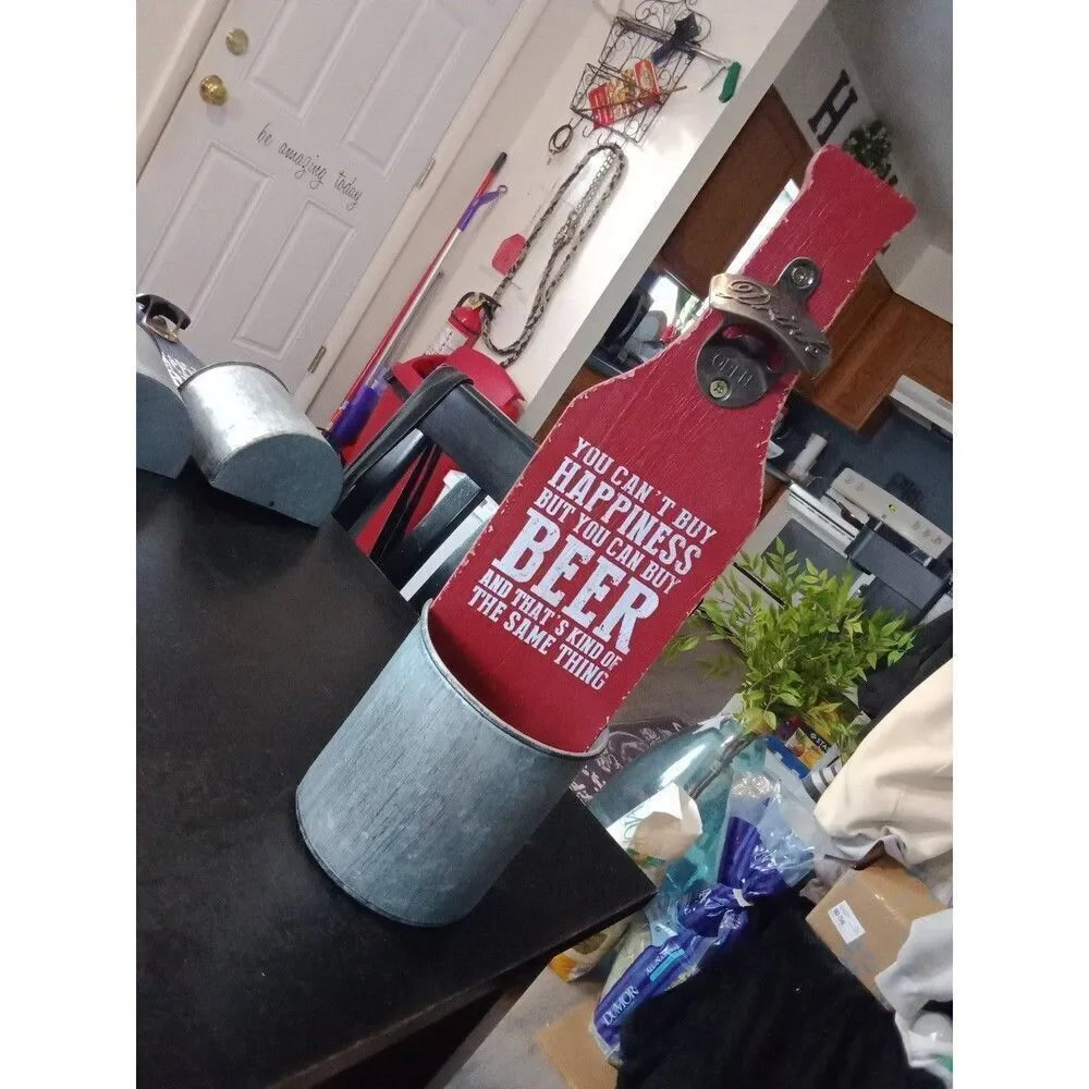 Red Bottle Opener Hanging Sign Cap Holder Man Cave